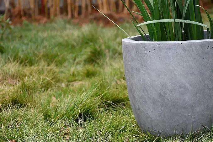 Kante 14 Inch Dia Round Concrete Planter, Indoor Outdoor Large Plant Pot with Drainage Hole and Rubber Plug for Home Patio Garden, Natural Concrete by GreenHaven Gardens