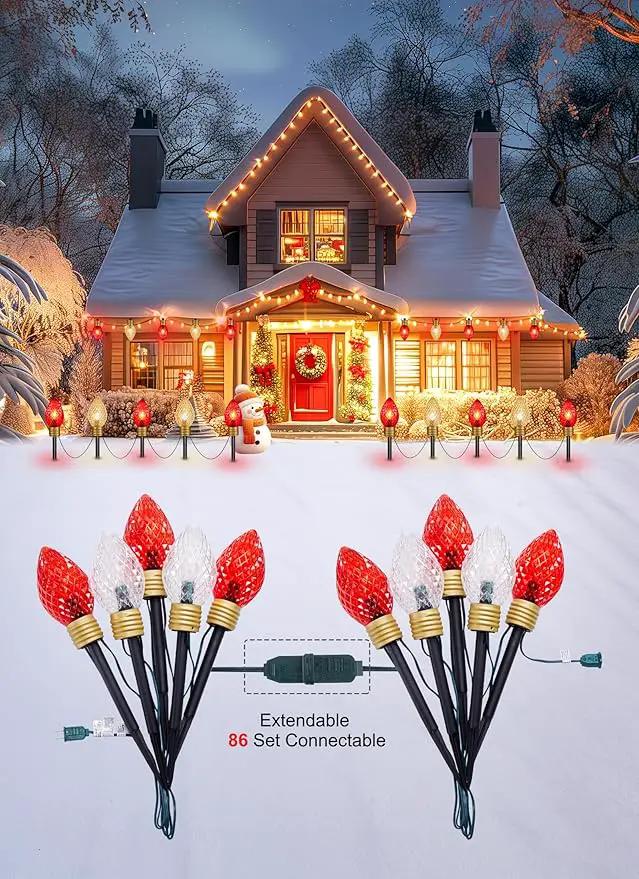 2 Pack Jumbo C9 Christmas Pathway Lights Outdoor - 8.5 Feet 5 C9 Walkway Lights, C7 Covered Jumbo Strawberry Red Bulb Christmas Decorations for Lawn Outside by GreenHaven Gardens
