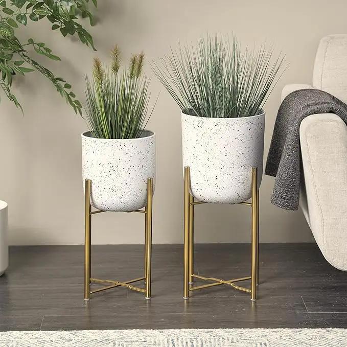Deco 79 Metal Indoor Outdoor Planter Deep Dome Speckled Large Planter Pot with Gold Stands, Set of 2 Planters 22", 19"H, White by GreenHaven Gardens