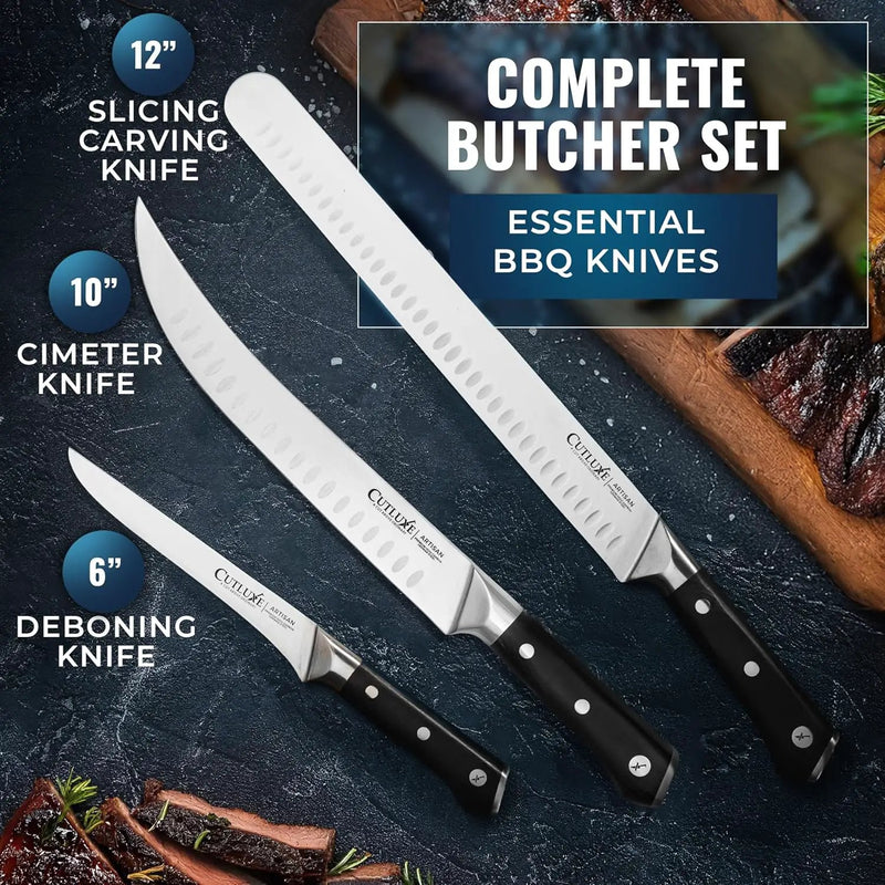 Cutluxe Butcher Knife Set – BBQ Brisket, Breaking & Boning Knife – Slicing Carving Knife Set for Meat Cutting, Ultra Sharp German Steel, Full Tang, Ergonomic Handles – Artisan Series by GreenHaven Gardens