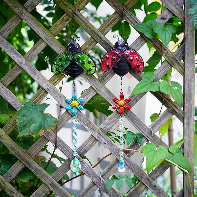 19'' Crystal Garden Suncatcher Decor Set 2 Stained Glass Metal Ladybugs Window Hanging Crystal Prisms Suncatcher for Outdoors Rainbow Maker (Red & Green) by GreenHaven Gardens