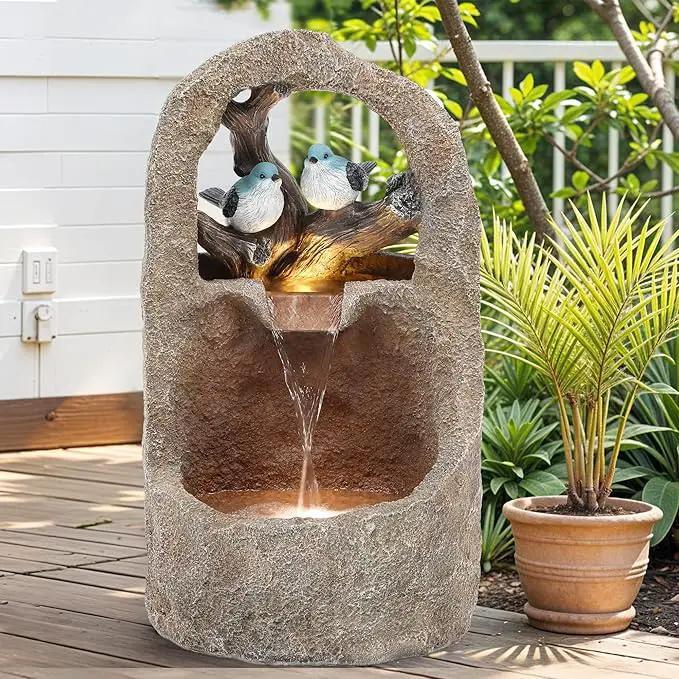 27" Outdoor Water Fountain with LED Lights,2-Tier Bird Natural Zen Garden Fountain, Relaxing Waterfall Floor, Yard, Porch or Deck Decor, Whether-Resistant, Faux Granite Texture by GreenHaven Gardens
