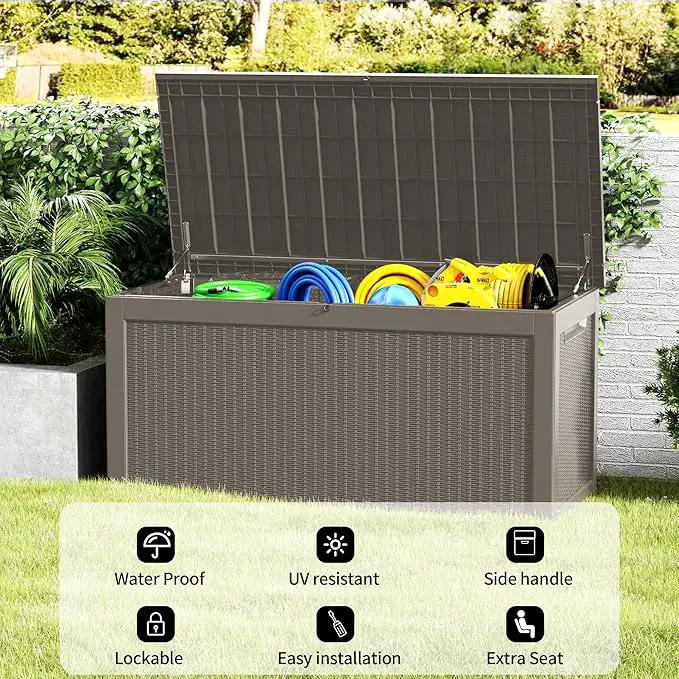 320 Gallon Outdoor Storage Box Patio Deck Box Waterproof, Resin Lockable Outside Large Storage Bin for Pool Cushion Furniture, Garden Tools UV-Resistant, Grey by GreenHaven Gardens