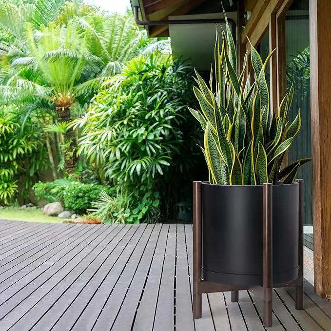 D'vine Dev Planter Pot with Stand - 16 Inch Plastic Cylinder Flower Pot with Wood Planter Holder for Indoor, Matte Black Pot + Walnut Color Stand, 55-C-X-2 by GreenHaven Gardens