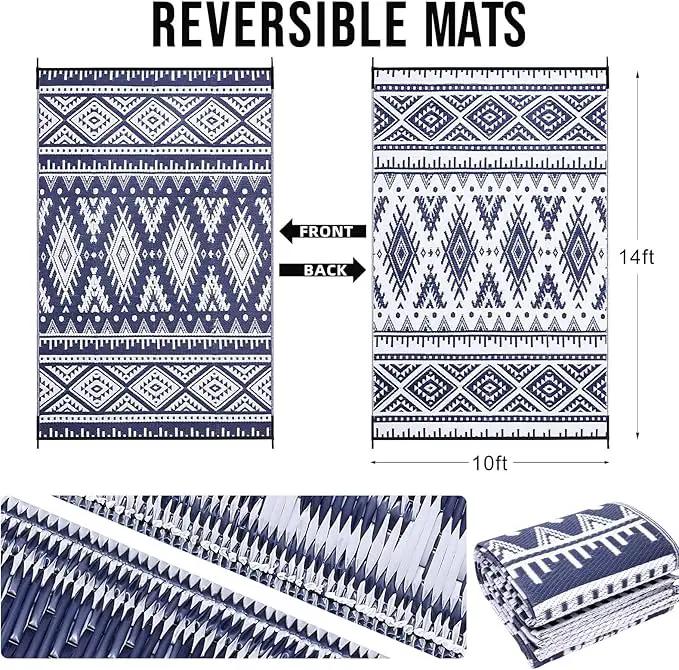 OLANLY Outdoor Rug Waterproof 10x14 ft, Reversible Outdoor Plastic Straw Rug, Boho Patio Rug, Indoor Outdoor Carpet, RV Mat Outside for Patio, Camp, Picnic, Balcony, Deck, Backyard, Navy & White by GreenHaven Gardens