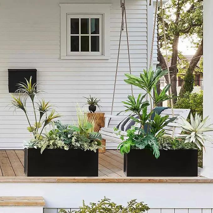 Metallic Heavy Long and Large Outdoor/Indoor Planter, Rectangular Trough Planter Box, 38”Lx15”Wx15”H, 40Pounds, Black with Hand Brushed Gold Edge, No Assemble and Seamless by GreenHaven Gardens