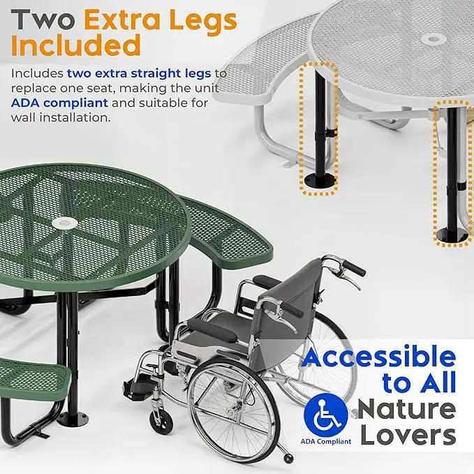 Metal Picnic Tables for Outdoors with Umbrella Hole - Coated Steel Heavy Duty Commercial Grade Table with Adjustable Seats (Green, 46 in, Round, Expanded Steel) by GreenHaven Gardens