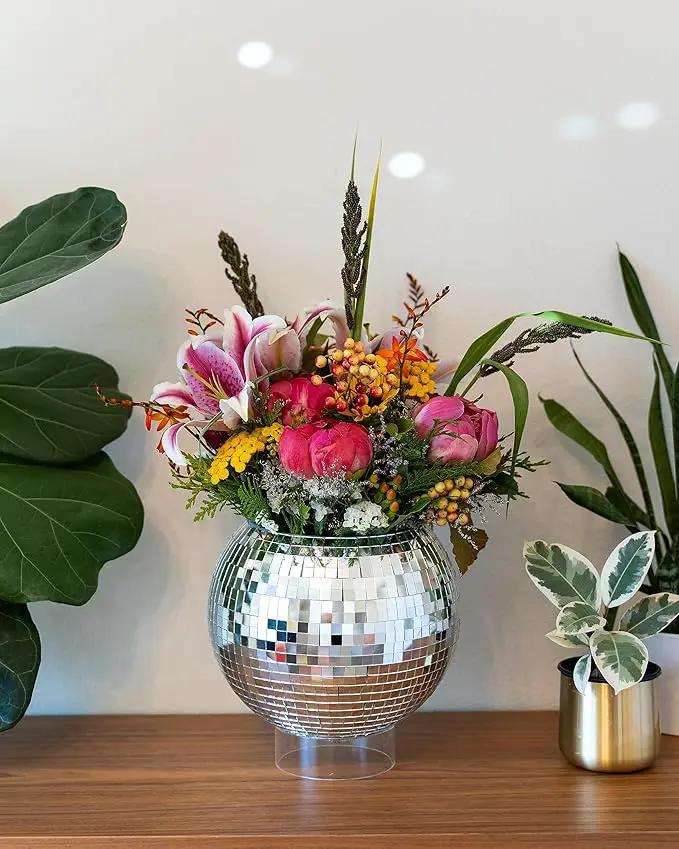 Hanging Disco Ball Planter 8" - with Acrylic Stand and Macrame Plant Hanger - Home Décor, Room Décor, Mirror Disco Planter, Disco Decor (10" with Base) by GreenHaven Gardens