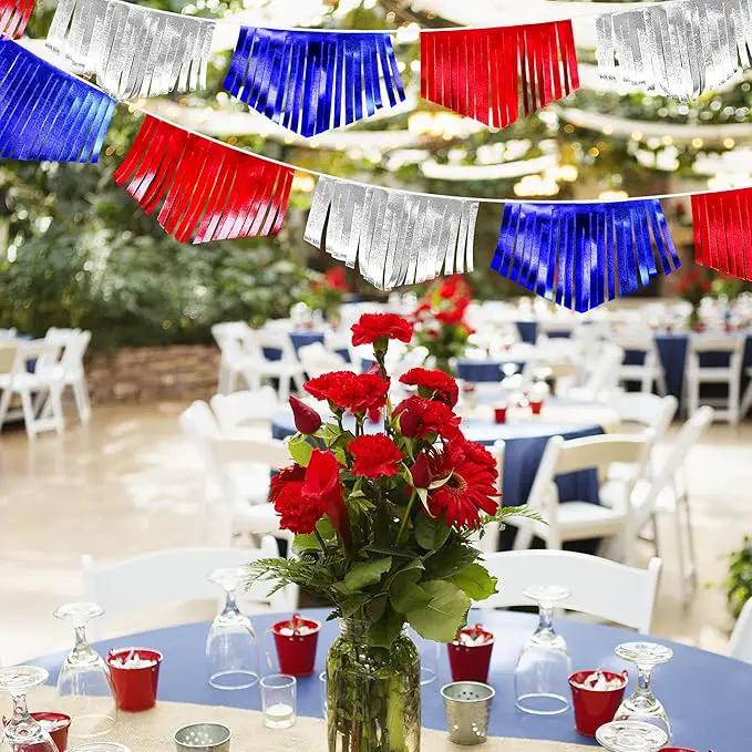 Blue Red Silver Tassel Banner Metallic Fabric Pennant Bunting Flag for 4th of July American USA National Day Patriotic Veterans Graduation Wedding Birthday Retirement Nautical Party Decorations by GreenHaven Gardens