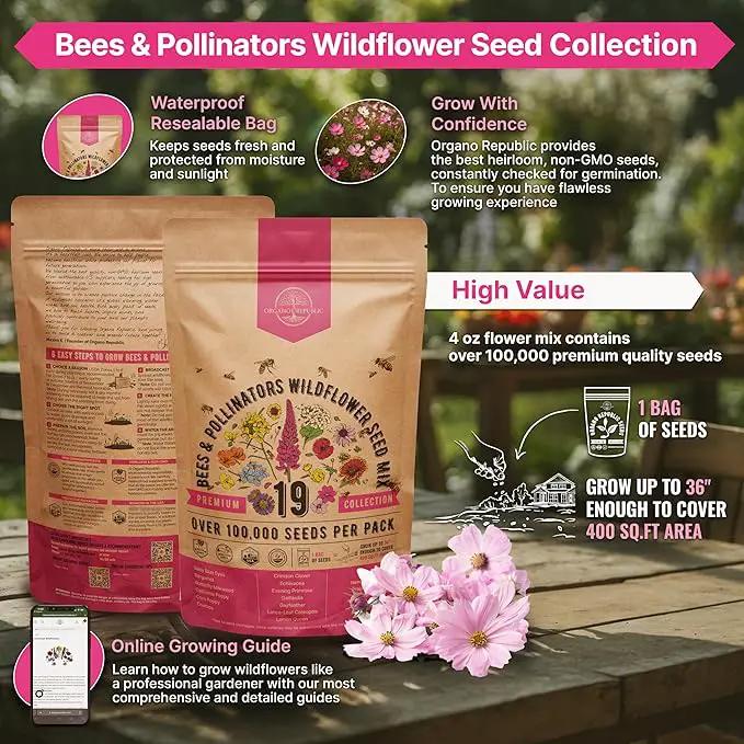 Organo Republic 19 Annual & Perennial Wildflower Seeds Mix for Indoor and Outdoors, Attract Bees & Butterflies. 100,000+ Non-GMO, Heirloom Wildflower Garden Seeds, 4oz Packet for Growing Wild Flowers by GreenHaven Gardens