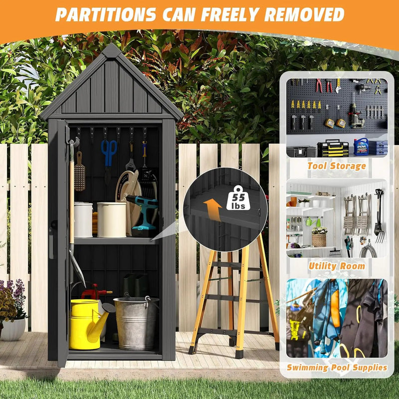 Shed Outdoor Storage Shed with Sloping Roof and Lockable Door, Resin Outdoor Storage Box Cabinet Waterproof and Multiple Hooks for Backyard, Patio, Poolside, Black by GreenHaven Gardens