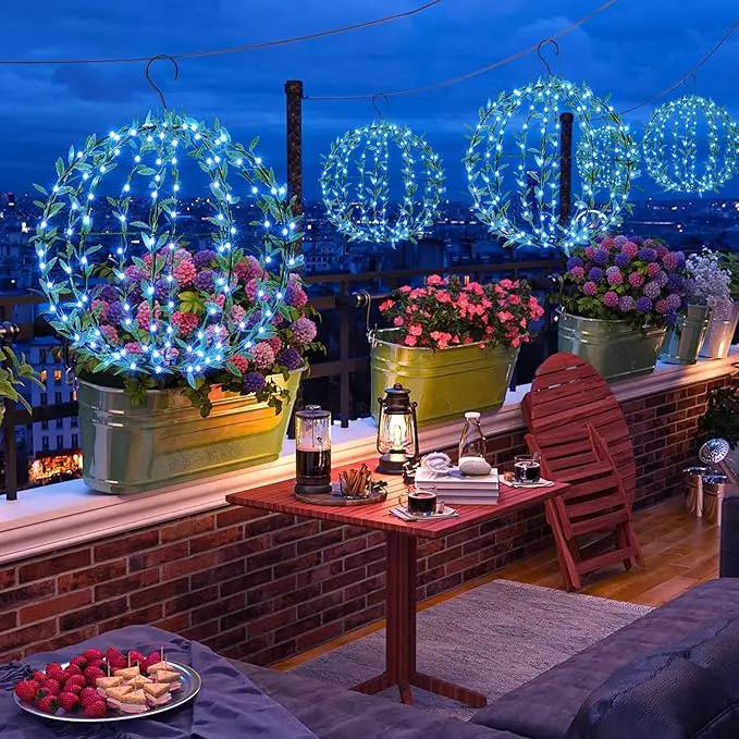 Flacchi Solar Powered Hanging Iron Sphere Lights with Artificial Greenery – 12Inch 120 LED Waterproof Outdoor Decor Ball Light with Timer & 8 Modes – 2 Pack for Garden, Christmas, Weddings(Blue) by GreenHaven Gardens