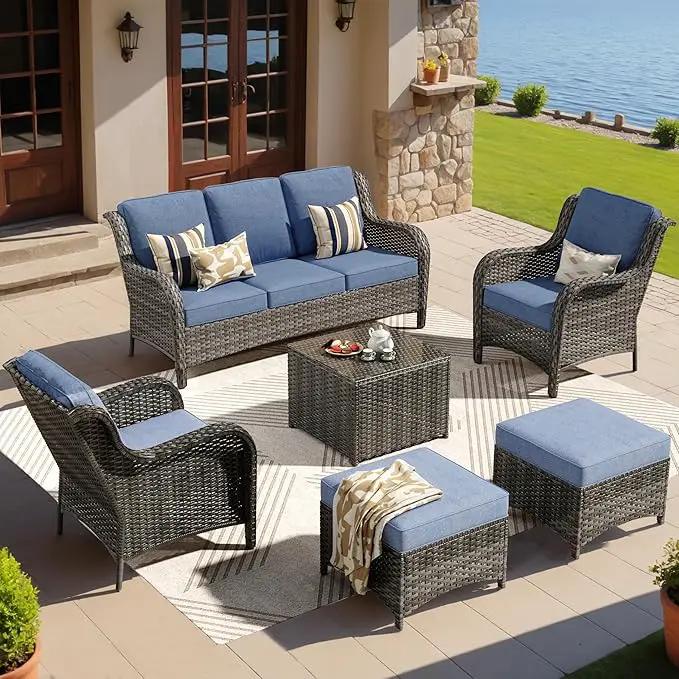 ovios 6 Pieces Patio Furniture Set, Outdoor Wicker Sofas with Glass Coffee Table and Comfy Cushions, All Weather High Back Couch Set for Deck Porch, Grey Rattan, Denim Blue by GreenHaven Gardens