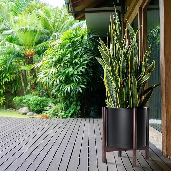 D'vine Dev Planter Pot with Stand - 14 Inch Plastic Cylinder Flower Pot with Wood Planter Holder for Indoor, Matte Black Pot + Walnut Color Stand, 55-C-R-2 by GreenHaven Gardens