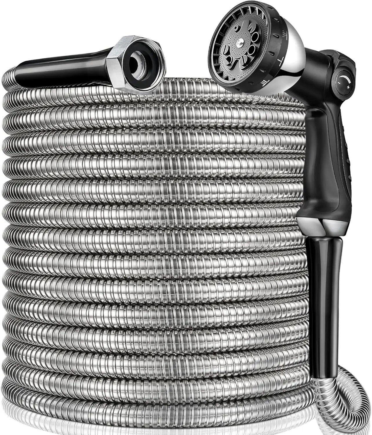150 ft Garden Hsoe - 2025 New 304 Stainless Steel Garden Hose with 10-Function Spray Gun, 3/4'' Copper-Chrome Fittings – Lightweight, Durable, and Kink-Free, Metal Water Hoses for Gardening by GreenHaven Gardens