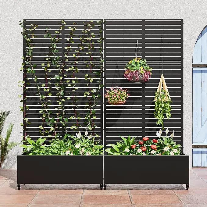 Casaphoria Metal Raised Garden Bed with Trellis and Wheels, 72"x35"x16" Planter Box for Climbing Plants, Vegetables & Vines, Features Drainage Holes and Privacy Screen (Black-Louvered) by GreenHaven Gardens