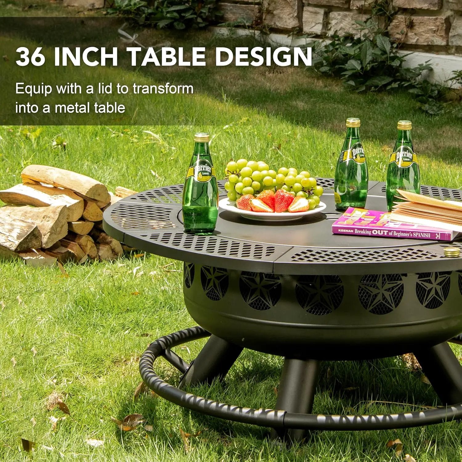 Fire Pit with Cooking Grill,Outdoor Wood Burning BBQ Firepit with Lid, 3-in-1 Outdoor Fire Pit for Backyard Deck Bonfire Patio Picnic by GreenHaven Gardens