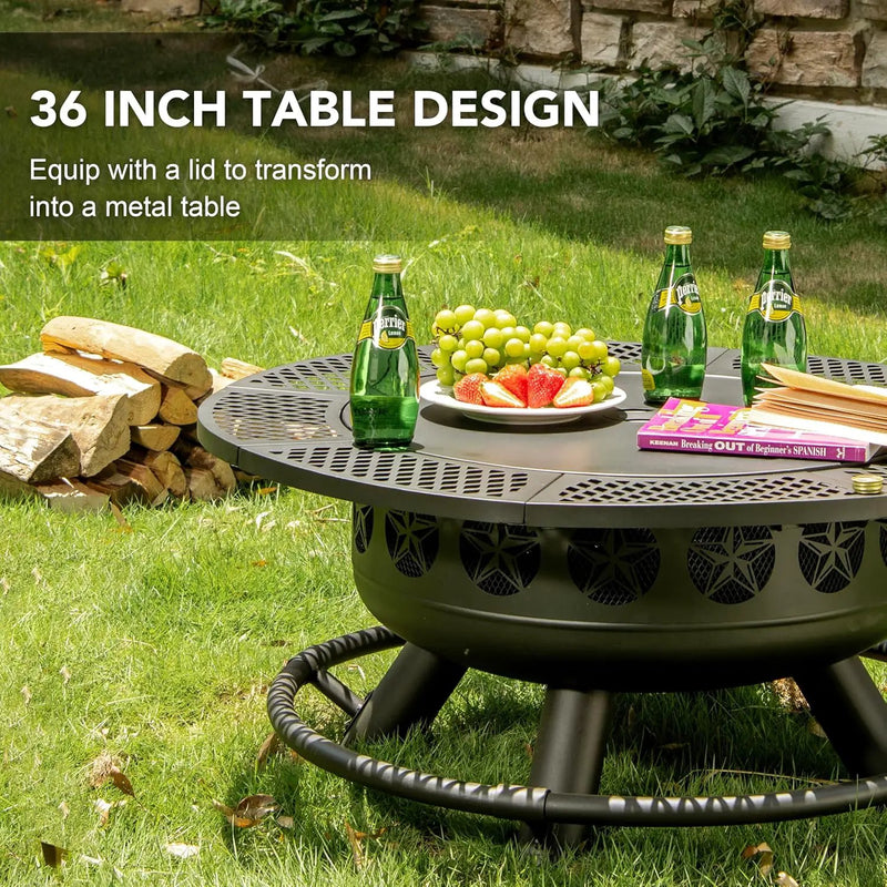 Fire Pit with Cooking Grill,Outdoor Wood Burning BBQ Firepit with Lid, 3-in-1 Outdoor Fire Pit for Backyard Deck Bonfire Patio Picnic by GreenHaven Gardens
