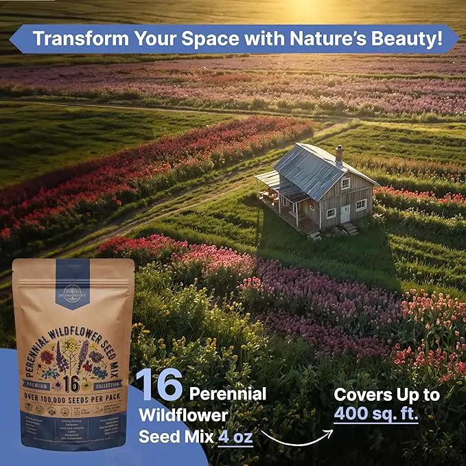 Organo Republic 16 Perennial Wildflower Seeds Mix for Indoor & Outdoors. 100,000+ Non-GMO, Heirloom Wildflower Garden Seeds, 4oz Packet for Growing Wild Flowers to Attract Bees, Butterflies & Birds by GreenHaven Gardens