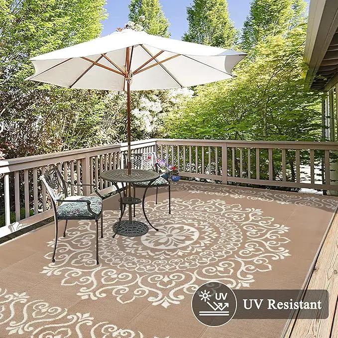 Pauwer Waterproof Outdoor Rug 9x12, Reversible Plastic Straw Patio Camping Rug, Indoor Outdoor RV Mat Carpet for Deck, Camper, Porch, Balcony, Backyard, Picnic, Floral Brown by GreenHaven Gardens
