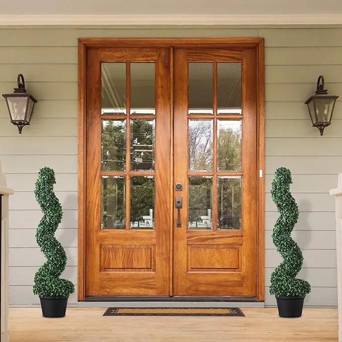 39 inchBoxwood Artificial Cedar Spiral Topiary Trees – Decorative Fake Greenery in Planter Pots for Front Porch, Outdoor Walkway, Entryway Decorating, Set of 2 by GreenHaven Gardens