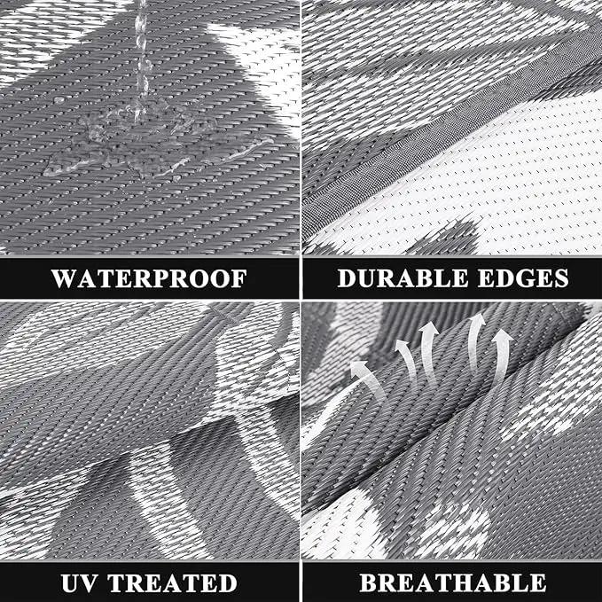 Pauwer Waterproof Outdoor Rug 9x12, Reversible Plastic Straw Patio Camping Rug, Indoor Outdoor RV Mat Carpet for Deck, Camper, Porch, Balcony, Backyard, Picnic, Floral Grey by GreenHaven Gardens