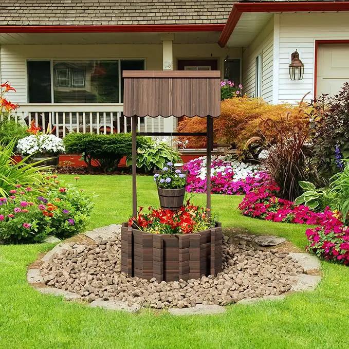 UDPATIO Rustic Solid Fir Wood Wishing Well Planter for Outdoor Plants, 16.5 in Diameter by GreenHaven Gardens