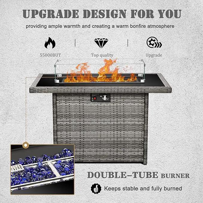 Propane Fire Pit Table,44 Inch 55000 BTU Outdoor Gas Fire Pit Rectangular with Glass Wind Guard for Outside Patio Deck (Gray-Glass Top) by GreenHaven Gardens