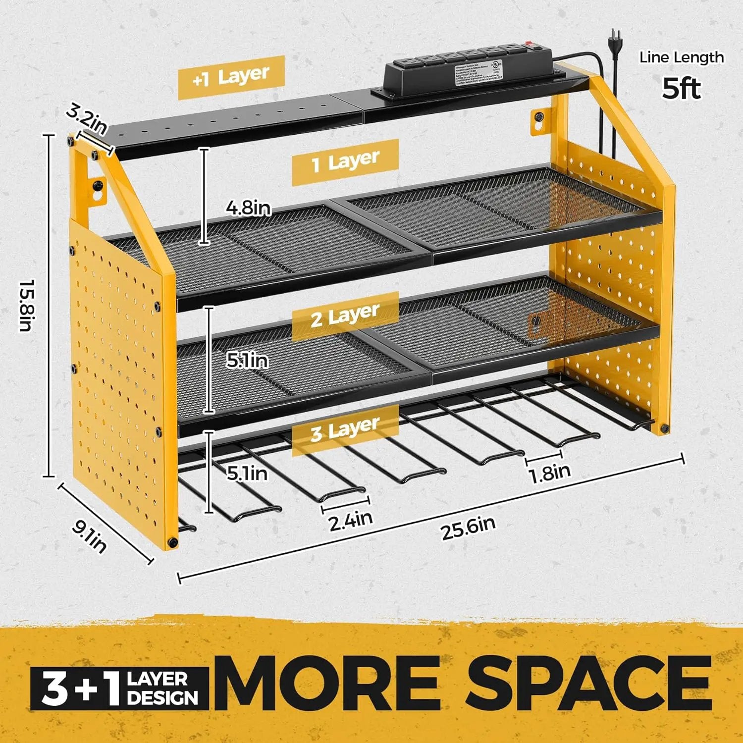 LBT Power Tool Organizer With Charging Station,Patented,Heavy Duty Steel,6 Drilling Rig Sizes With Hooks And Screw Boxes,6 sockets,Easy To Install Garage Storage Rack,Great Gift For Men, Yellow by GreenHaven Gardens