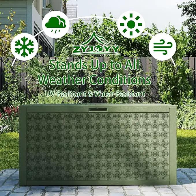 Outdoor Storage Box, 90 Gallon Deck Box, Waterproof Resin Storage Bin for Patio Cushions, Gardening Tools, Lockable, UV Resistant,Olive Green by GreenHaven Gardens
