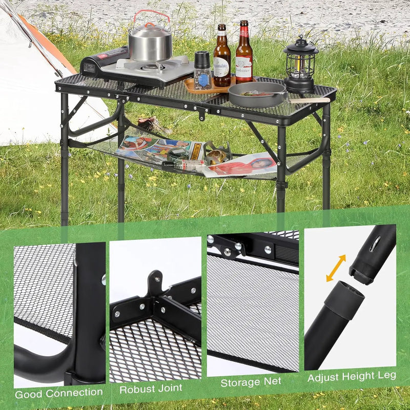 RedSwing Tri-fold Folding Picnic Table, Lightweight Height Adjustable Aluminum Frame Table with Mesh Layer for Outdoor Camping Picnic BBQ, Black by GreenHaven Gardens