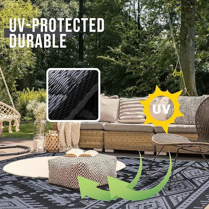 OLANLY Outdoor Rug Waterproof 9x18 ft, Reversible Outdoor Plastic Straw Rug, Boho Patio Rug, Indoor Outdoor Carpet, RV Mat Outside for Patio, Camp, Picnic, Balcony, Deck, Backyard, Black & Grey by GreenHaven Gardens