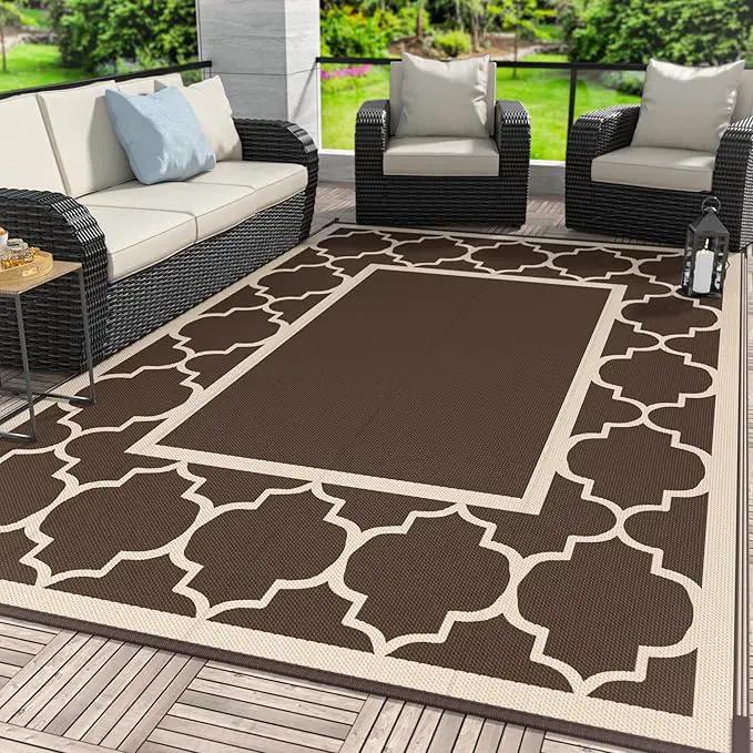 GENIMO Outdoor Rug 8' x 10' Patio Waterproof, Foldable Reversible Plastic Straw Area Rugs Mat for Camper Decor, Outside Carpet for Rv, Deck, Porch, Picnic, Beach, Balcony, Coffee & Beige by GreenHaven Gardens