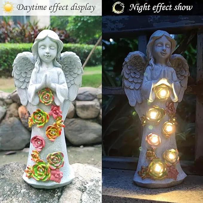 Angel Solar Garden Outdoor Statues with Succulent Plants and 6 LED Lights– Outside Solar Garden Decor Figurines -Remembrance & Sympathy Gifts Decorations by GreenHaven Gardens