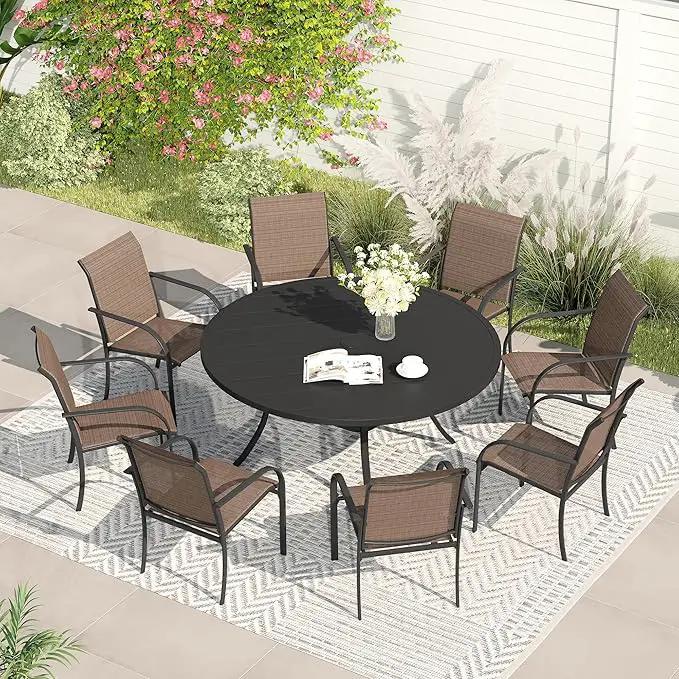 VICLLAX Patio Dining Set for 8, Outdoor Furniture Set Includes 53" Round Patio Table and 8 Patio Sling Chairs, Black Tabletop and Brown Fabric by GreenHaven Gardens