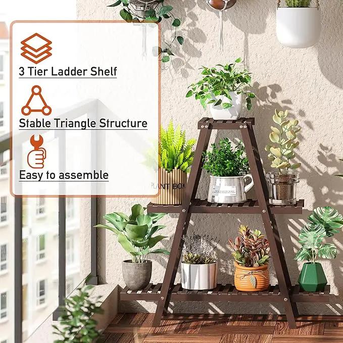 Plant Stand Indoor Plant Shelf Outdoor bamboo Plant Rack, 3 Tiers Ladder Plant Holder Flower Stand for Living Room Balcony Garden Patio,Living Room Boho Home Decor for Gardening Gifts (Brown) by GreenHaven Gardens