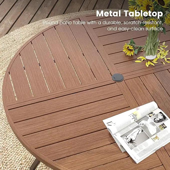 DIFY 40.6" Round Outdoor Patio Dining Table for 4, All-Weather Metal Steel Slatted Patio Table with 1.57" Adjustable Umbrella Hole, for Lawn Garden Porch Backyard, Walnut by GreenHaven Gardens