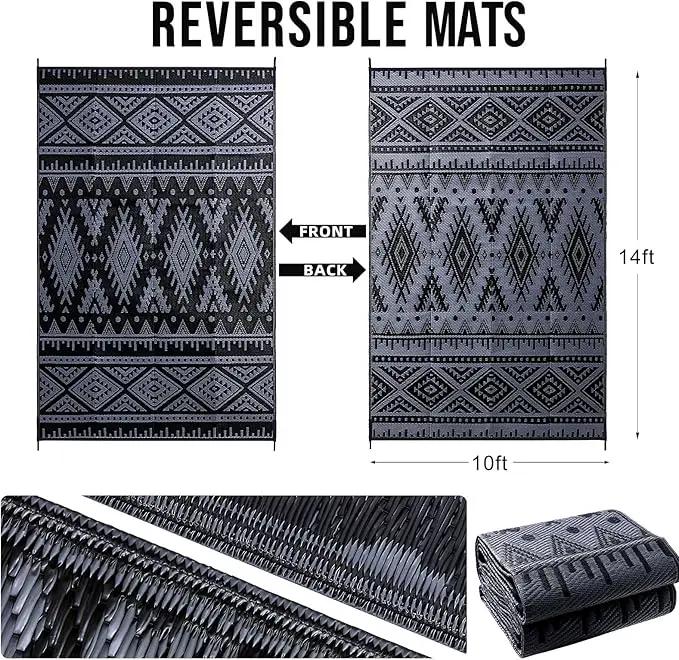 OLANLY Outdoor Rug Waterproof 10x14 ft, Reversible Outdoor Plastic Straw Rug, Boho Patio Rug, Indoor Outdoor Carpet, RV Mat Outside for Patio, Camp, Picnic, Balcony, Deck, Backyard, Black & Grey by GreenHaven Gardens