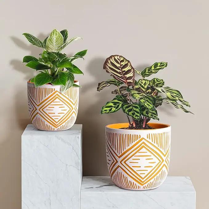 2 Boho Style Terra Cotta Pots, 6 Inch Yellow Plant Pots with Drainage Holes, Suitable for Indoor Plants Ferns,Vines, Succulents and Outdoor Plants Growing, a Gift for Plant Lovers by GreenHaven Gardens