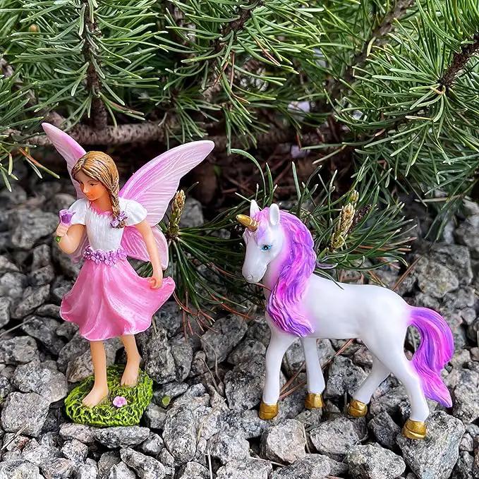 Mood Lab Fairy Garden - Fairy with Unicorn Set of 2 pcs - Miniature Figurines Statue Kit - Outdoor or House Decor by GreenHaven Gardens