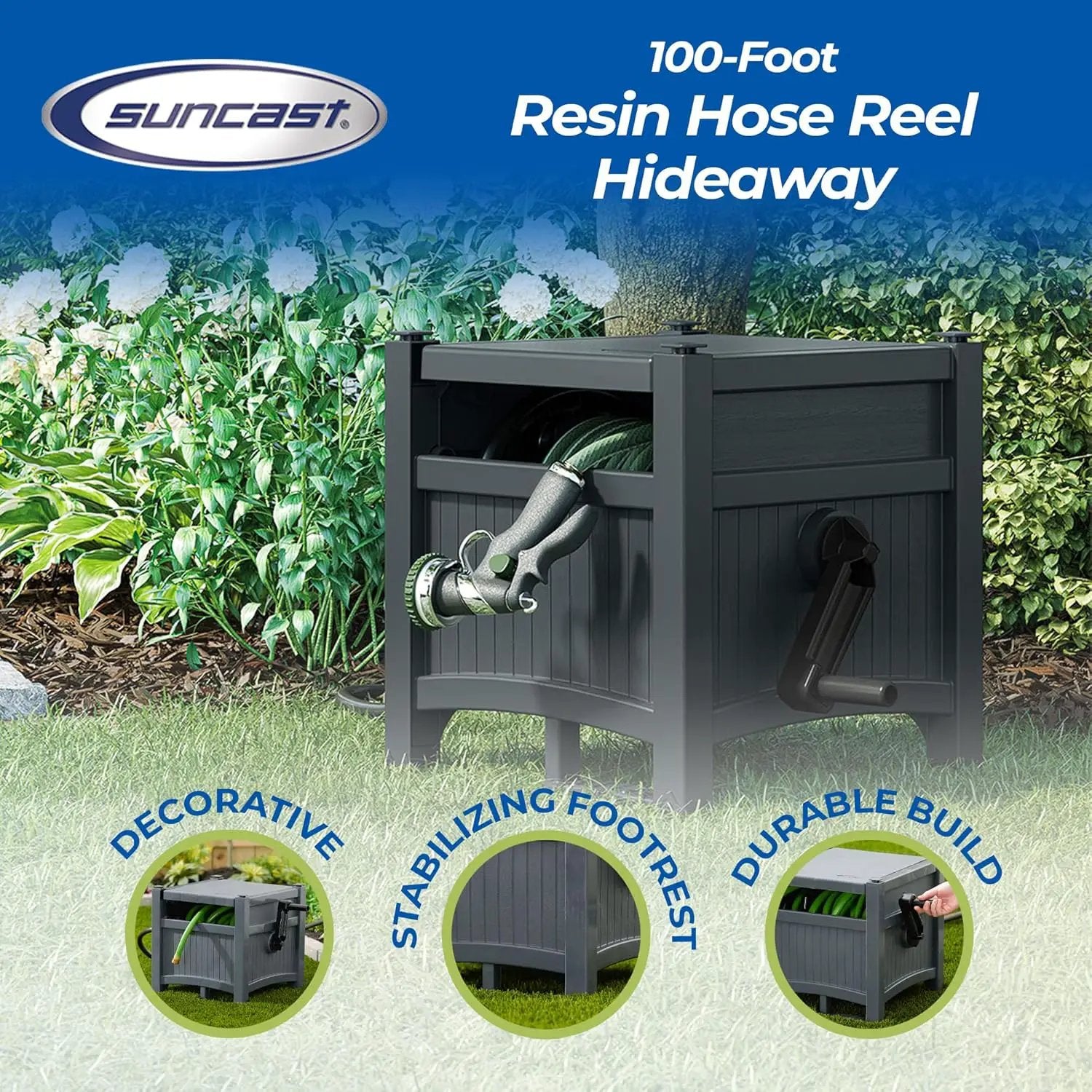 Suncast Garden Hose Hideaway Storage Reel Box, Cyberspace Grey – Resin Outdoor Container, Holds up to 100 Feet of 5/8 Inch Standard Vinyl Water Line – No Assembly Required by GreenHaven Gardens