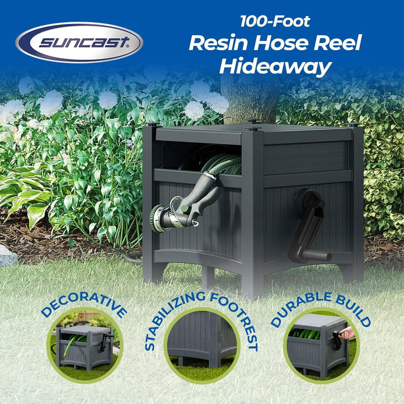 Suncast Garden Hose Hideaway Storage Reel Box, Cyberspace Grey – Resin Outdoor Container, Holds up to 100 Feet of 5/8 Inch Standard Vinyl Water Line – No Assembly Required by GreenHaven Gardens