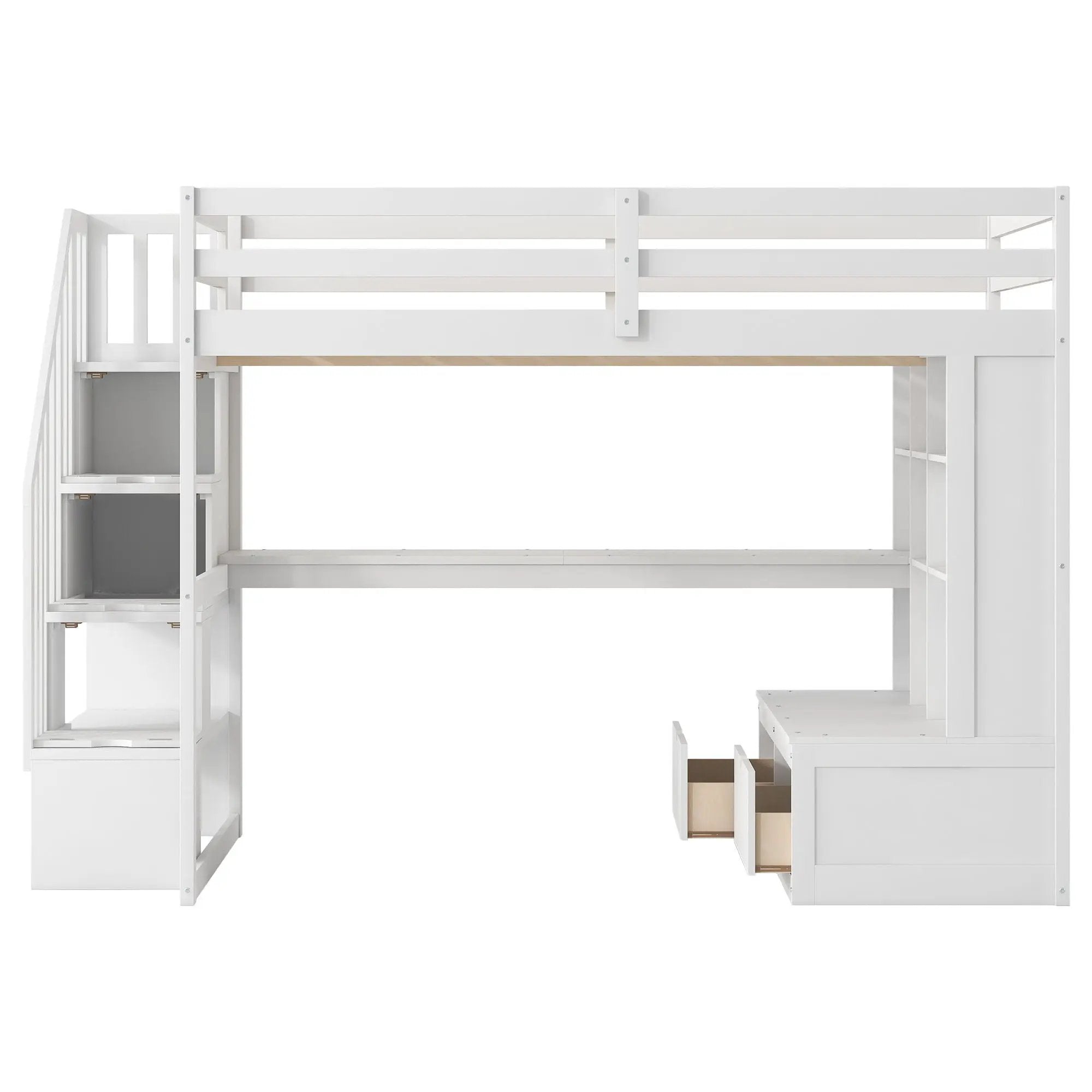 Full Size Loft Bed With Desk And Shelves, 2 Built In Drawers, Storage Staircase - White by HouseOfZazla