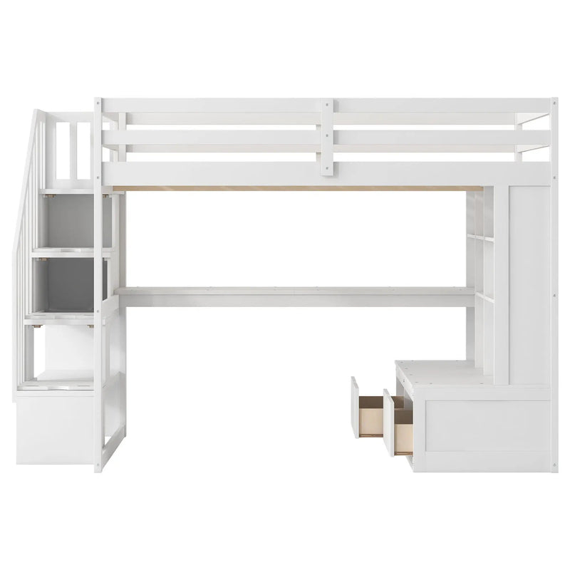 Full Size Loft Bed With Desk And Shelves, 2 Built In Drawers, Storage Staircase - White by HouseOfZazla