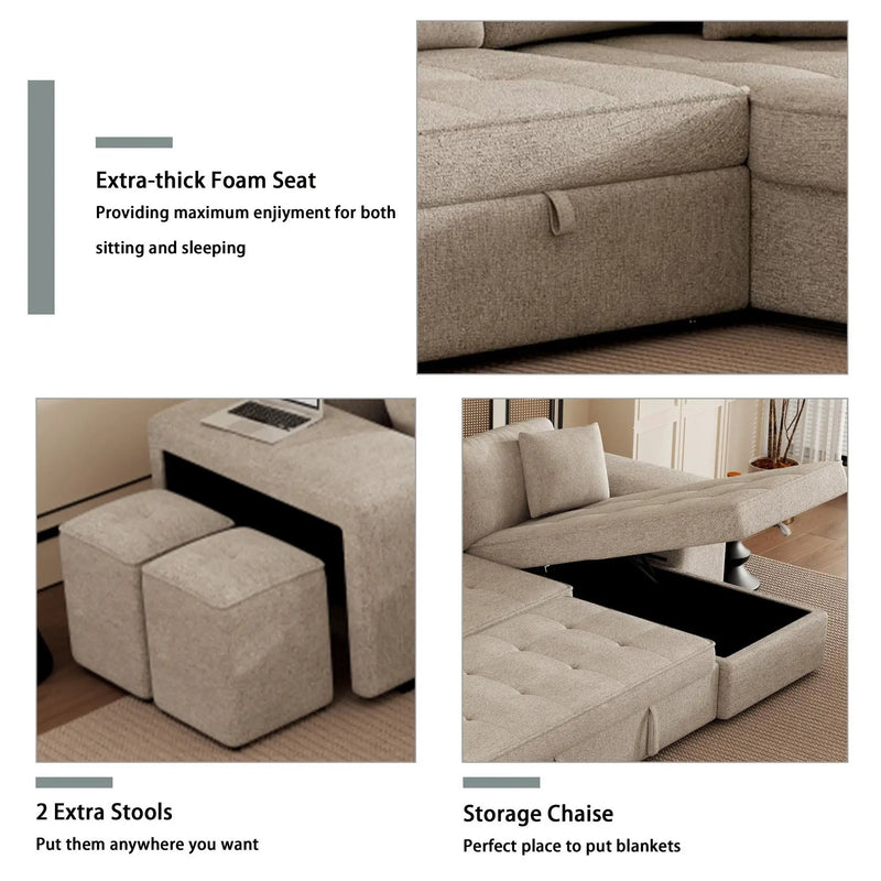 Modern L-Shape 3 Seat Reversible Sectional Couch, Pull Out Sleeper Sofa With Storage Chaise And 2 Stools For Living Room Furniture Set by HouseOfZazla