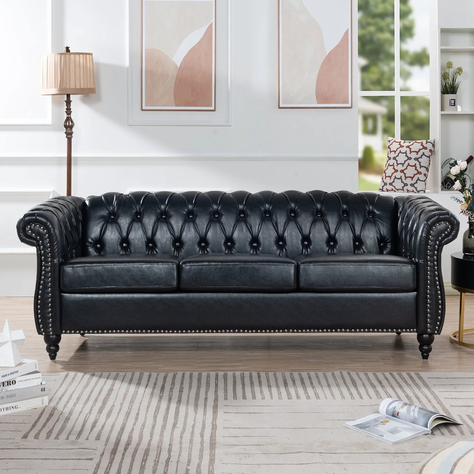 84.65" Black PU Rolled Arm Chesterfield Three Seater Sofa by HouseOfZazla
