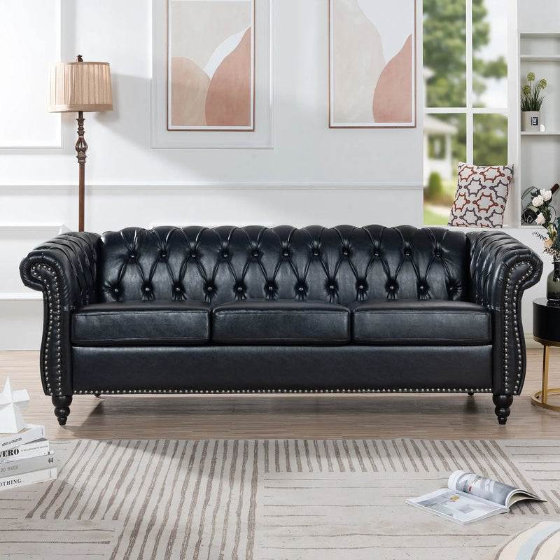 84.65" Black PU Rolled Arm Chesterfield Three Seater Sofa by HouseOfZazla