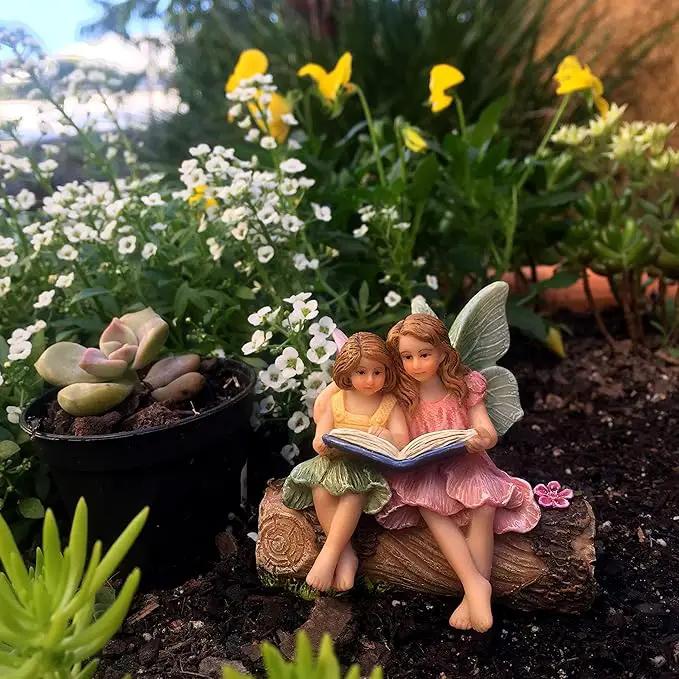 Fairies for Fairy Garden, Fairy Garden Accessories for a Garden - Garden Fairies for a Miniature Fairy Garden - Cute Fairy Garden Fairies, Sitting Sister Fairies by GreenHaven Gardens