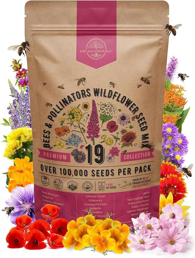 Organo Republic 19 Annual & Perennial Wildflower Seeds Mix for Indoor and Outdoors, Attract Bees & Butterflies. 100,000+ Non-GMO, Heirloom Wildflower Garden Seeds, 4oz Packet for Growing Wild Flowers by GreenHaven Gardens