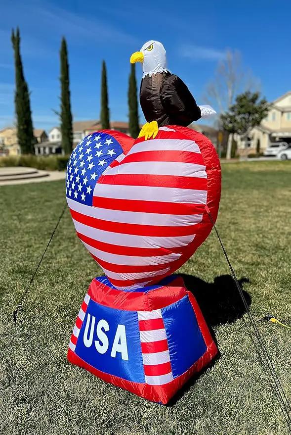 5 Foot Tall Patriotic Independence Day 4th of July Inflatable Love Heart with American Flag and Bald Eagle Pre-Lit LED Lights Outdoor Indoor Lawn Yard Holiday Decoration Blow up Home Garden Decor by GreenHaven Gardens